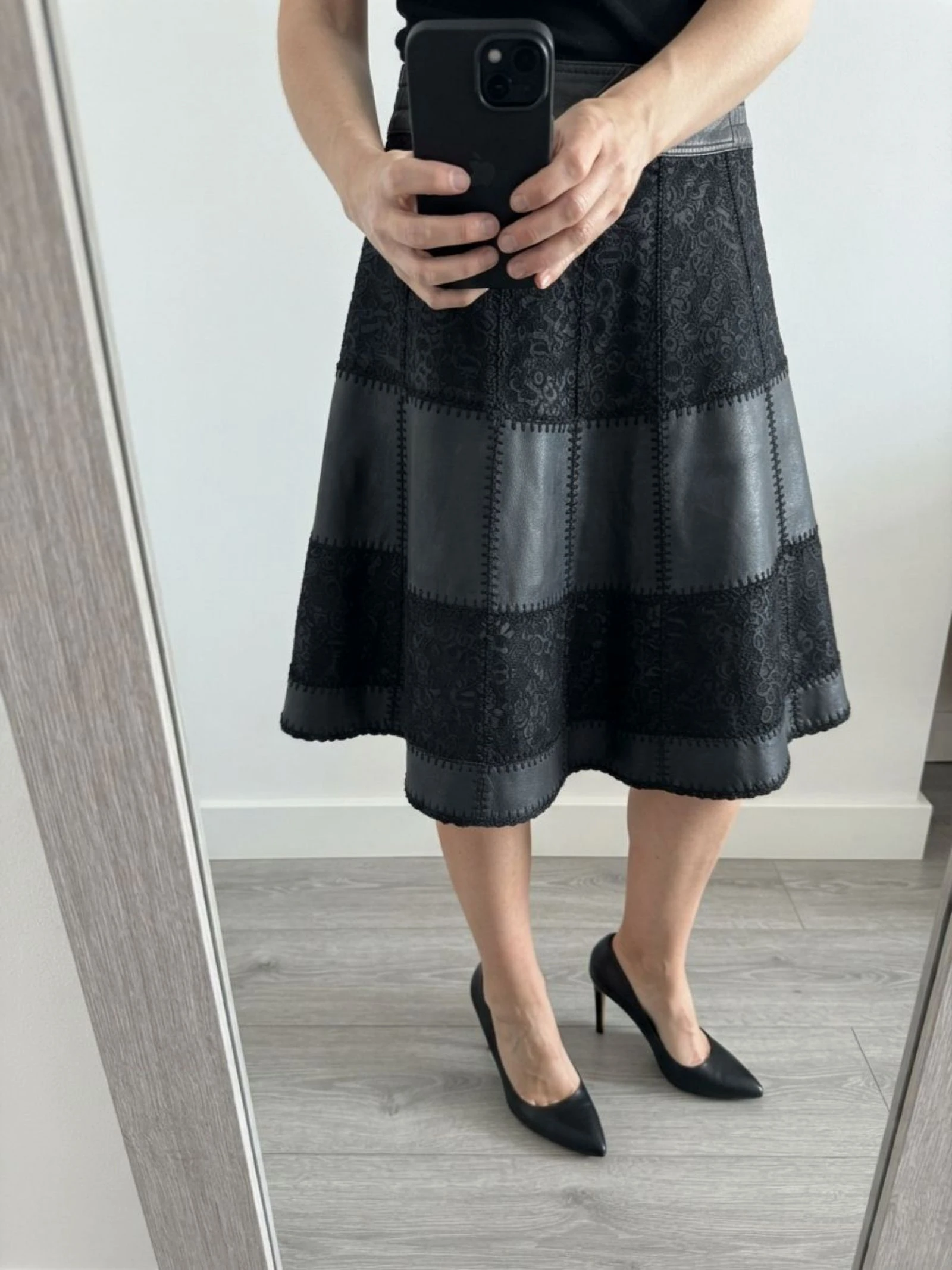 Falda midi patchwork encaje cuero sintético Y2K Gothic Grunge Vintage Black Faux Leather Skirt XS